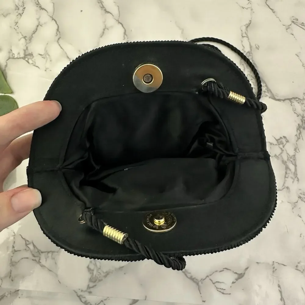 Vanessa Vintage 90s Evening Bag Clutch Purse Black Pleated Small Cord Strap